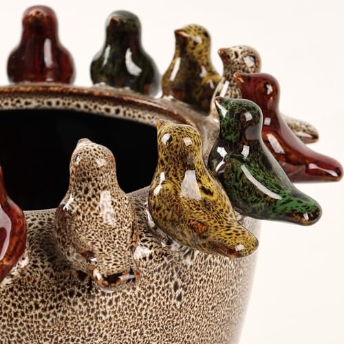 Tuioyoc 10.4 Inch Plant Pot, Ceramic Planter with Drainage Hole and Silicone Plug, Flower Pot with Ceramic Birds on Rim, Reactive Glaze, for Indoor Outdoor Plants Home Garden Patio Office - Image 3