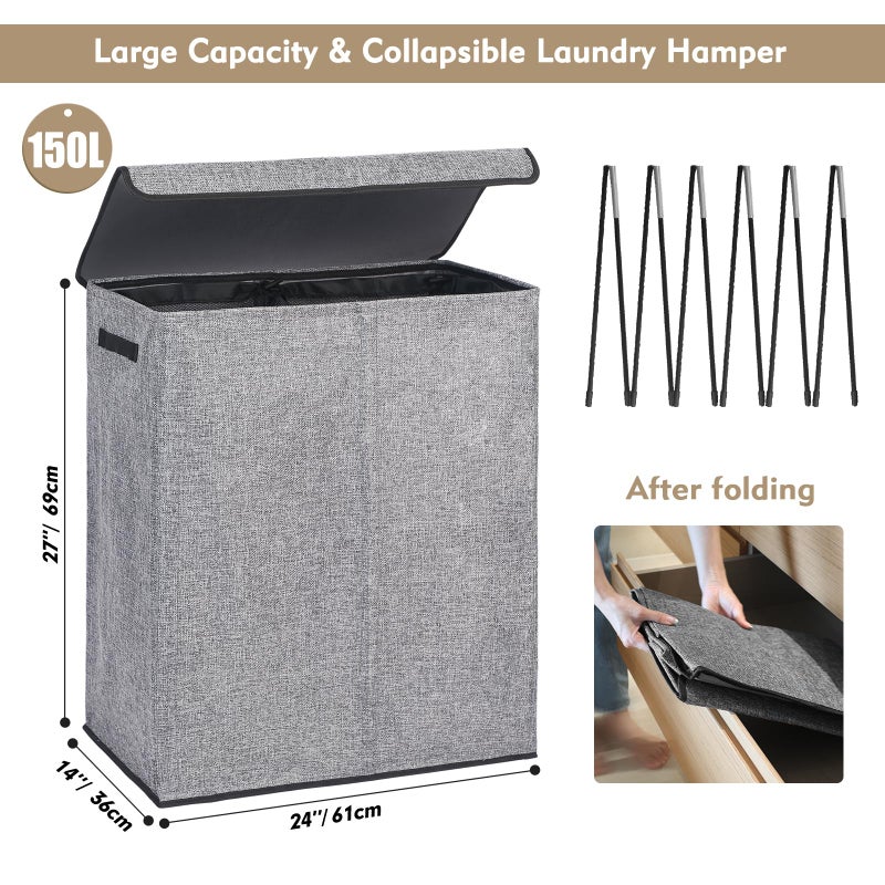 DOKEHOM 150L Double Laundry Basket with Lid and Removable Laundry Bags, Large Collapsible Laundry Hamper with 2 Sections for Bedroom, Bathroom, Laundry Room, Colloge (Grey) - Image 3