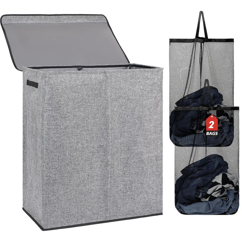 DOKEHOM 150L Double Laundry Basket with Lid and Removable Laundry Bags, Large Collapsible Laundry Hamper with 2 Sections for Bedroom, Bathroom, Laundry Room, Colloge (Grey) - Image 1