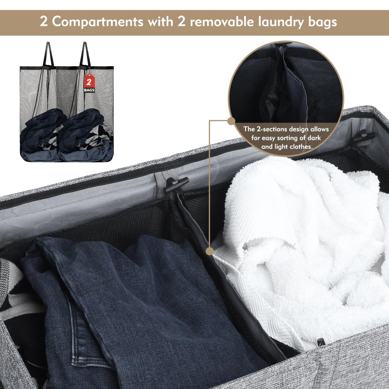 DOKEHOM 150L Double Laundry Basket with Lid and Removable Laundry Bags, Large Collapsible Laundry Hamper with 2 Sections for Bedroom, Bathroom, Laundry Room, Colloge (Grey) - Image 5