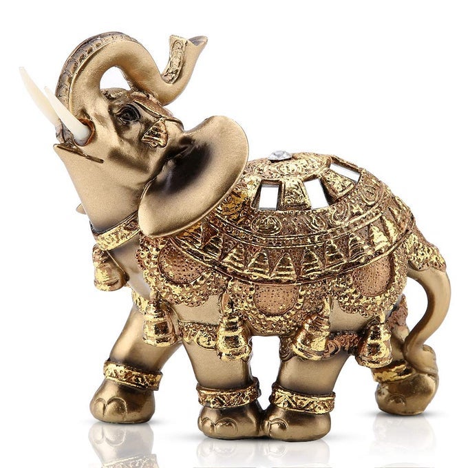 GOLDEN ELEPHANT STATUE 55 LUCKY FENG SHUI THAI ELEPHANT WITH TRUNK UPWARDS COLLECTIBLE FIGURINE SCULPTURE DECORATION WEALTH LUCKY HOME OFFICE DECOR GIFT