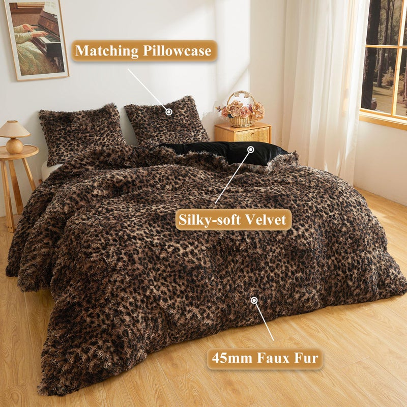 XeGe Fluffy Faux Fur Cheetah Print Duvet Cover Set, 1 Plush Fuzzy Soft Leopard Comforter Cover and 2 Furry Pillowcases, 3 Pieces Luxury Farmhouse Shaggy Bedding Set with Zipper, Brown and Black, Queen - Image 2