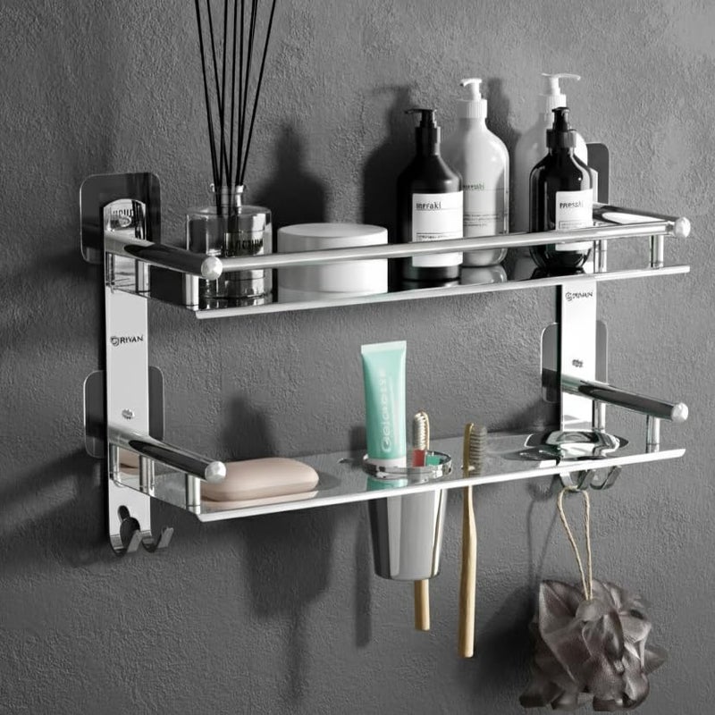GRIVAN Stainless Steel Self Adhesive 2 Tier Multipurpose Shelf/Shelve/Rack/Organizer/Stand/Holder with Double Soap Dish and Toothbrush Holder Bathroom Accessories - Image 1