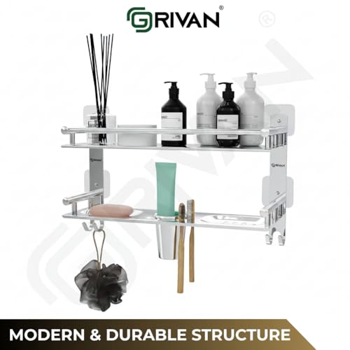 GRIVAN Stainless Steel Self Adhesive 2 Tier Multipurpose Shelf/Shelve/Rack/Organizer/Stand/Holder with Double Soap Dish and Toothbrush Holder Bathroom Accessories - Image 4