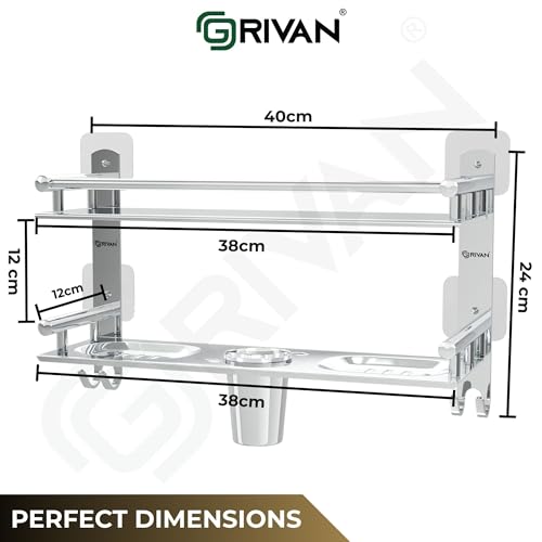 GRIVAN Stainless Steel Self Adhesive 2 Tier Multipurpose Shelf/Shelve/Rack/Organizer/Stand/Holder with Double Soap Dish and Toothbrush Holder Bathroom Accessories - Image 2