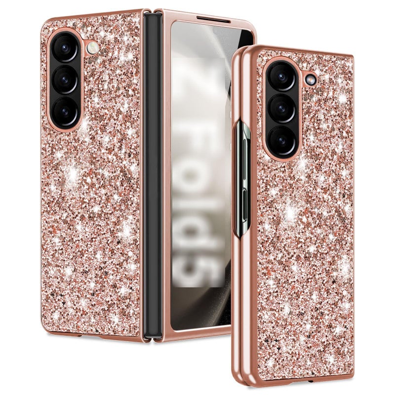 Phone Glitter Case for Samsung Galaxy Z Fold 5 5G Phone Case for Girls Slim Ultra Thin Matte Back Shockproof Protective Cover 76 Inch Crystal Bling Case Rose Gold