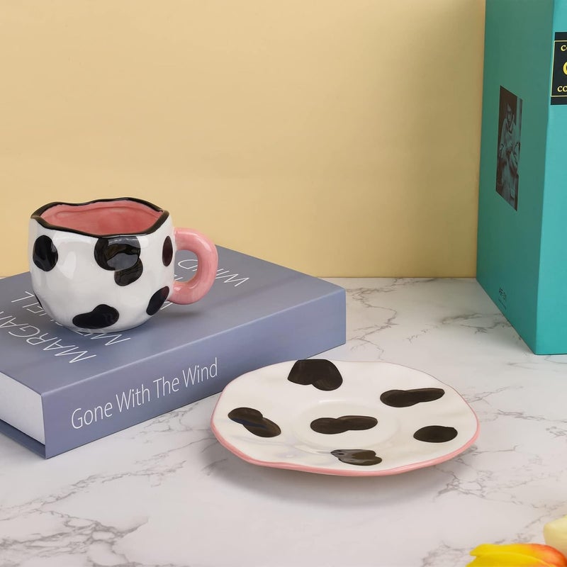 Koythin Cow Mug, Ceramic Coffee Mug with Saucer Set, Cute Cup Unique Irregular Design for Office and Home, Dishwasher and Microwave Safe, 10oz/300ml for Latte Tea Milk (Small Cow) - Image 5