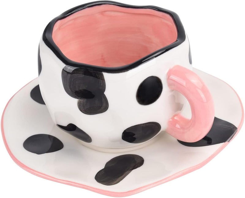 Koythin Cow Mug, Ceramic Coffee Mug with Saucer Set, Cute Cup Unique Irregular Design for Office and Home, Dishwasher and Microwave Safe, 10oz/300ml for Latte Tea Milk (Small Cow) - Image 1