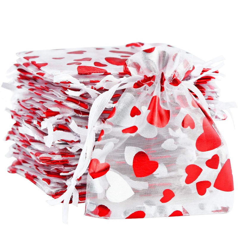 Bskifnn 100Pcs Love Heart Printed Valentine Candy Bags Organza Bags Gift Jewelry Bags For Wedding Valentine'S Day Mother'S Day Party 8X10Cm - Image 1