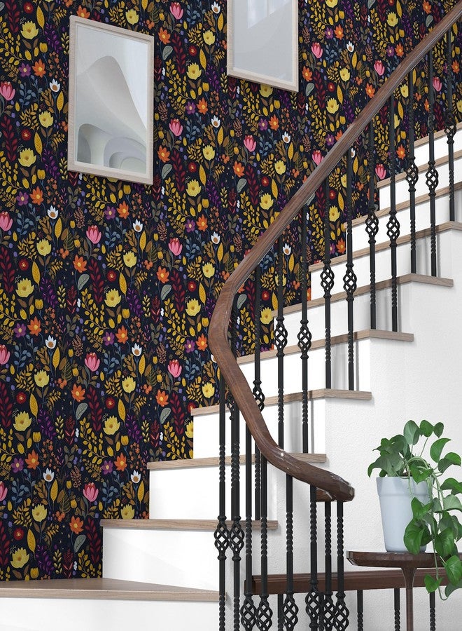 BOKEBEVE Colorful Black Floral Contact Paper,Peel and Stick Wallpaper Vintage,Self Adhesive Removable Stick on Cabinet Countertop Liner Walls Renter Friendly 17.5 x 118In - Image 3