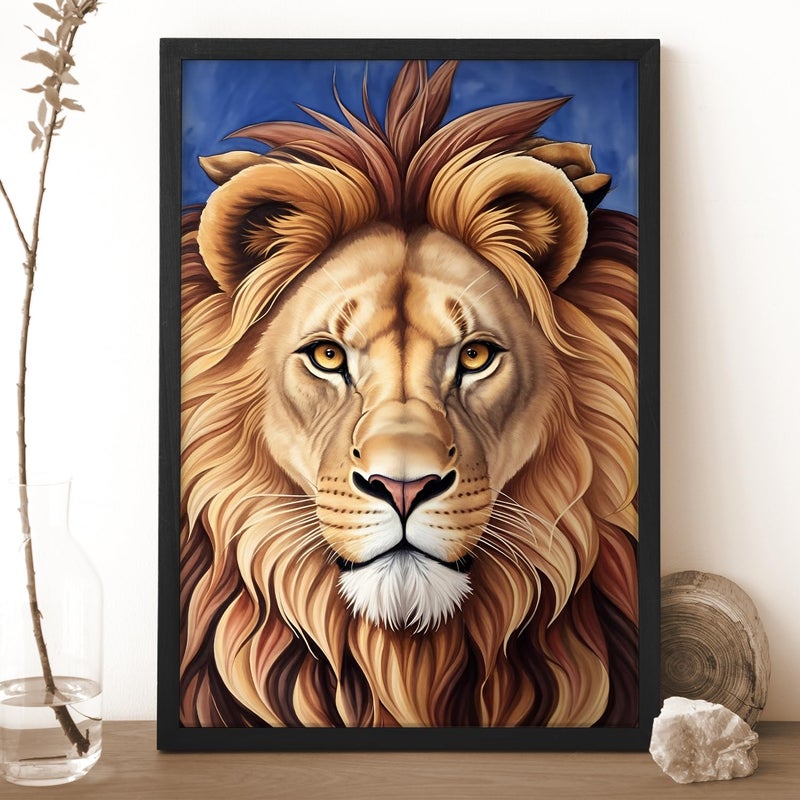 Ritwika's Ritwikas Wild Animal Lion Face Large In Blue Background Original Artwork Poster Framed Painting Perfect For Home Decor and Gift Size 95 x 135 Inch Set of 1  - Image 2