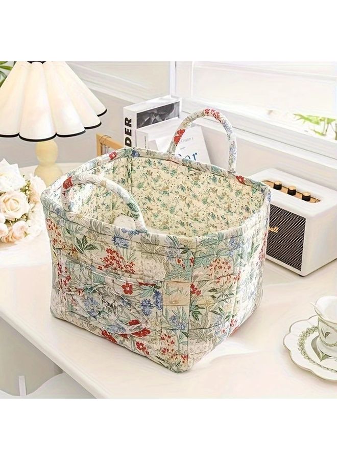 Floral Fabric Storage Basket Vintage Canvas Lingerie Sundries Washable Stackable - Image 1