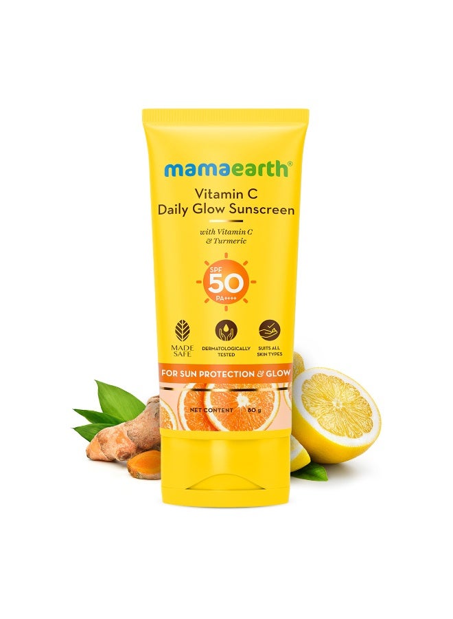 ماما إيرث واقي شمس فيتامين C دايلي جلو من ماماييرث مع فيتامين C والكركم | واقي شمس SPF50 PA++++ للحماية من التسمير، تفتيح البشرة، نضارة يومية، خفيف الوزن، سريع الامتصاص وملمس غير دهني، 80 جم - Image 1