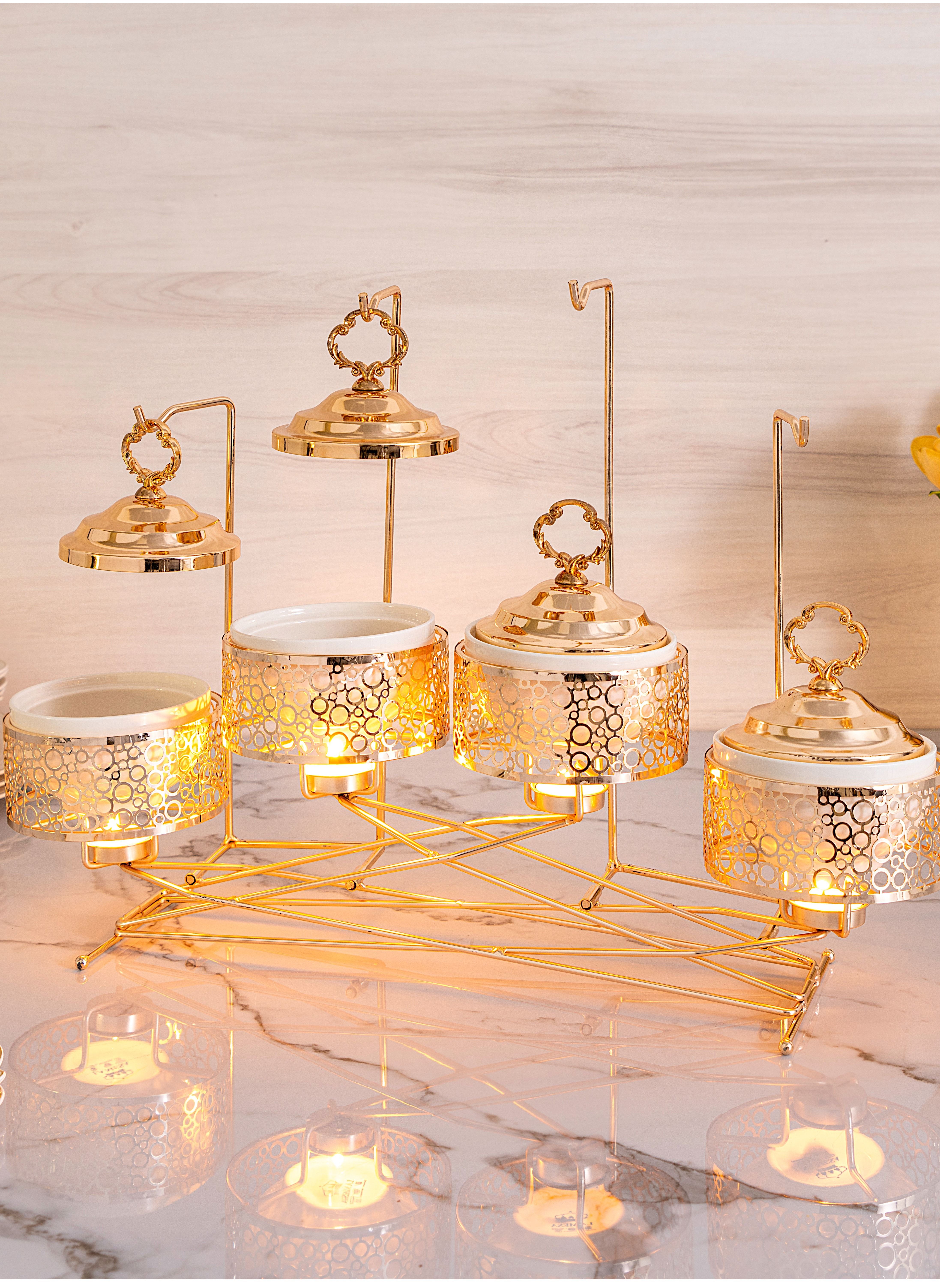 La Mesa 4 PCs Round Food Warmer Set with Candle Stand Gold 