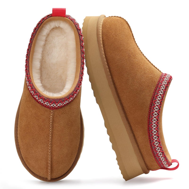 KIDMI Genuine Suede Platform Slippers for Women Fuzzy Winter Warm Shoes Indoor Outdoor, Chestnut 37 - Image 1
