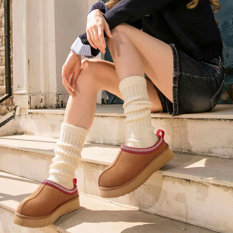 KIDMI Genuine Suede Platform Slippers for Women Fuzzy Winter Warm Shoes Indoor Outdoor, Chestnut 37 - Image 2