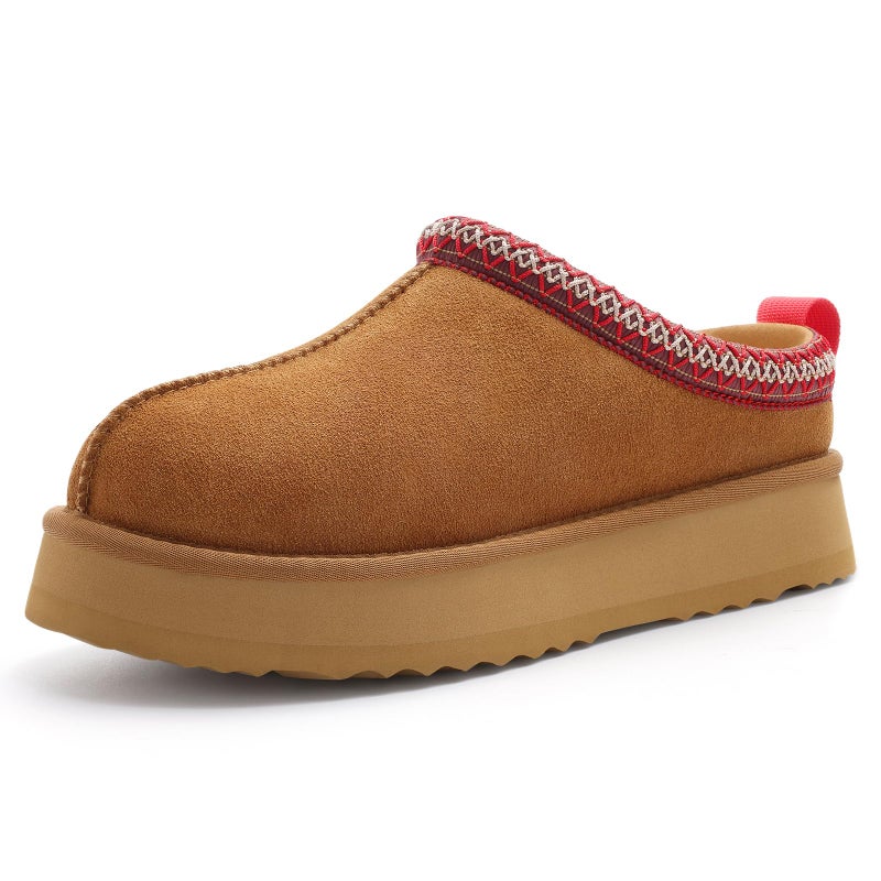 KIDMI Genuine Suede Platform Slippers for Women Fuzzy Winter Warm Shoes Indoor Outdoor, Chestnut 37 - Image 4
