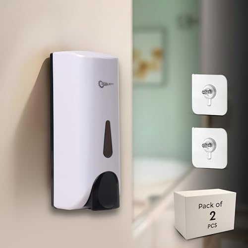 Robustt Manual Wall Mounted Liquid Soap Dispenser - White (300 ml, Pack of 2) - with Adhesive Hooks| Leak-Proof, Transparent Window, Easy Installation - Ideal for Bathroom, Kitchen, Hotels, Offices - Image 1
