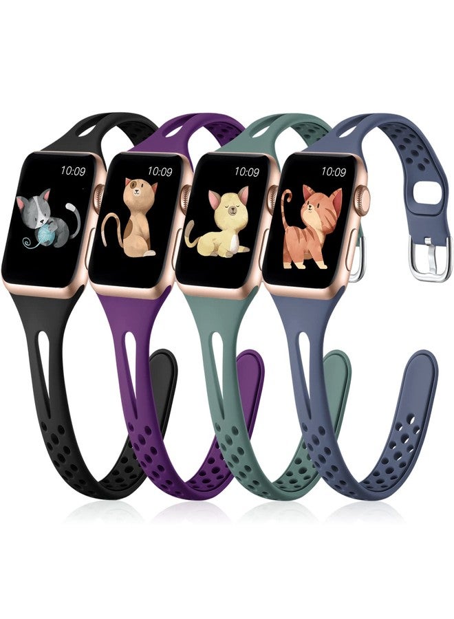 Getino Compatible with Apple Watch Bands 38mm 40mm iWatch Band Series SE 6 5 4 3 2 1 for Women Men, Breathable Narrow Slim Replacement Sport Strap, 4 Pack Black/ Plum/ Pinegreen/ Bluegray - Image 1