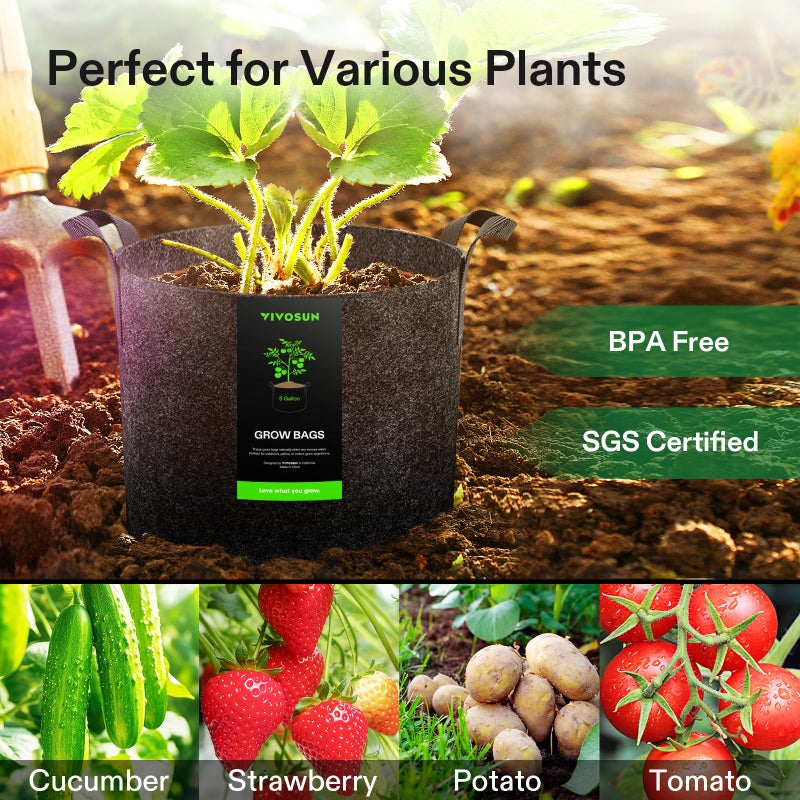 VIVOSUN 20-Pack 5 Gallon Grow Bags, Heavy Duty Thickened Nonwoven Fabric Pots with Handles for Flowers Fruits and Vegetables Black - Image 2