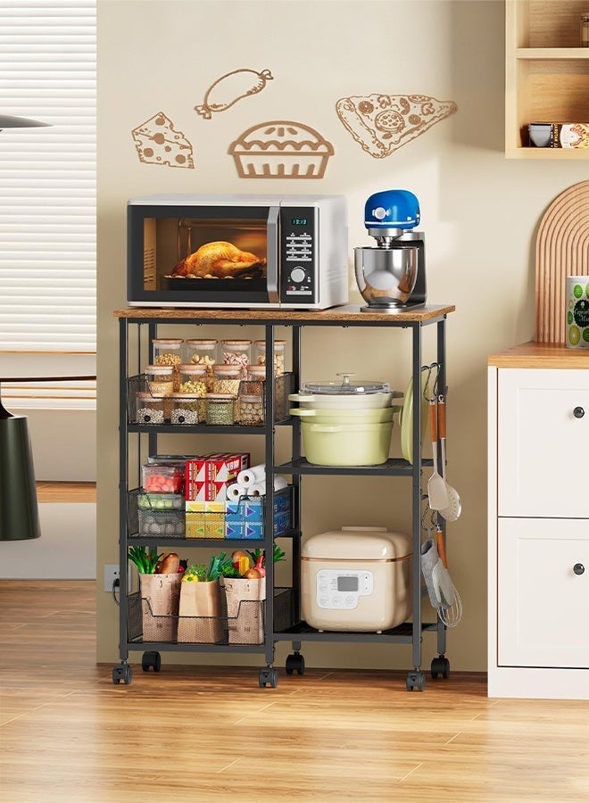 Forthcan 4-Tier Kitchen Storage Rack with Wheels, Microwave Stand with Wooden Top, Metal Mesh Basket Shelves & Hooks, Rolling Organizer Cart for Kitchen & Home - Image 1