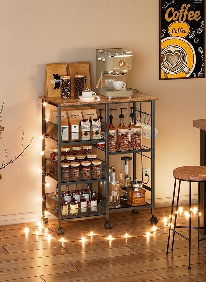Forthcan 4-Tier Kitchen Storage Rack with Wheels, Microwave Stand with Wooden Top, Metal Mesh Basket Shelves & Hooks, Rolling Organizer Cart for Kitchen & Home - Image 2
