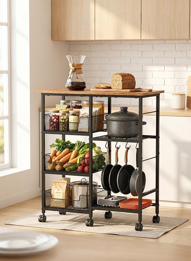 Forthcan 4-Tier Kitchen Storage Rack with Wheels, Microwave Stand with Wooden Top, Metal Mesh Basket Shelves & Hooks, Rolling Organizer Cart for Kitchen & Home - Image 3
