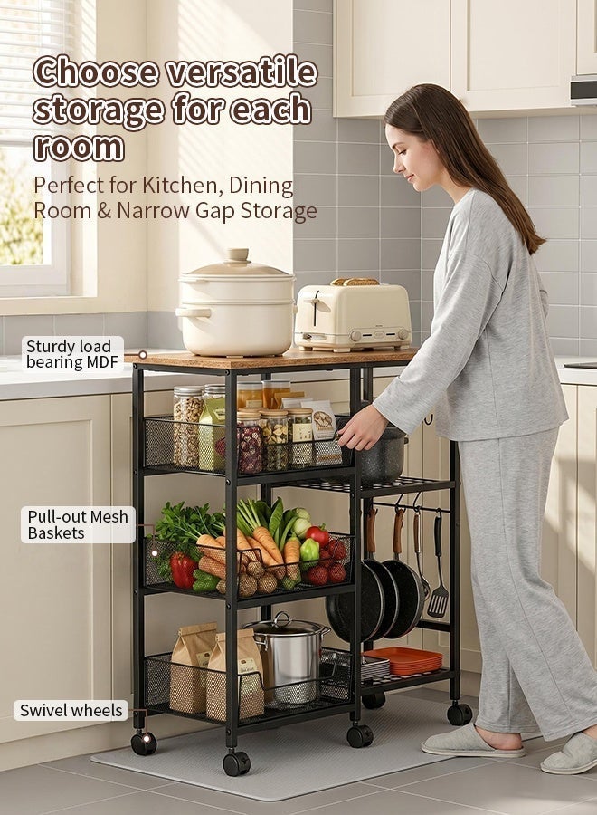 Forthcan 4-Tier Kitchen Storage Rack with Wheels, Microwave Stand with Wooden Top, Metal Mesh Basket Shelves & Hooks, Rolling Organizer Cart for Kitchen & Home - Image 4