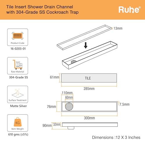 RUHE قناة تصريف دش مدمجة مستطيلة من Ruhe | 12 x 3 بوصة | مصرف مياه النفايات لأرضية بلاط 13 مم | من الفولاذ المقاوم للصدأ 304 | قناة تصريف دش غير مرئية | فخ مكافحة الصراصير مع فتحة جانبية - Image 2