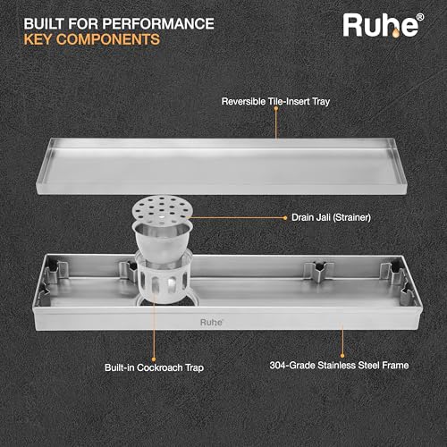 RUHE قناة تصريف دش مدمجة مستطيلة من Ruhe | 12 x 3 بوصة | مصرف مياه النفايات لأرضية بلاط 13 مم | من الفولاذ المقاوم للصدأ 304 | قناة تصريف دش غير مرئية | فخ مكافحة الصراصير مع فتحة جانبية - Image 5