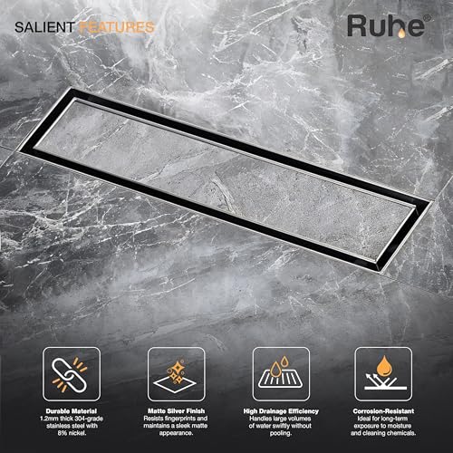 RUHE قناة تصريف دش مدمجة مستطيلة من Ruhe | 12 x 3 بوصة | مصرف مياه النفايات لأرضية بلاط 13 مم | من الفولاذ المقاوم للصدأ 304 | قناة تصريف دش غير مرئية | فخ مكافحة الصراصير مع فتحة جانبية - Image 3