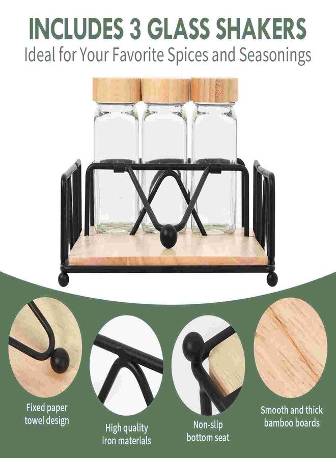 biroris 4 Piece Set Metal Napkin Holder with Salt and Pepper Shakers,Wooden Base,Modern Flat Napkin Holder for Table,for Kitchen Table Decor,Cocktail,Bathroom,Party(Black) - Image 3