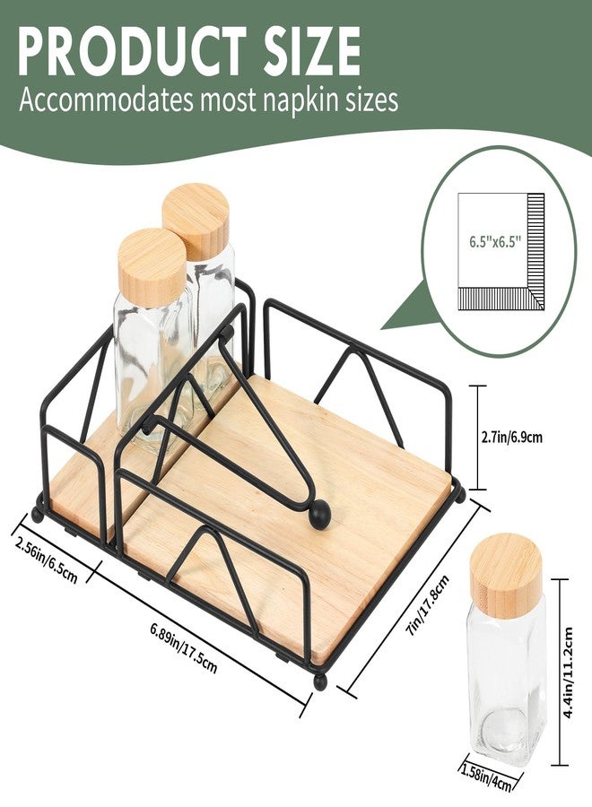 biroris 4 Piece Set Metal Napkin Holder with Salt and Pepper Shakers,Wooden Base,Modern Flat Napkin Holder for Table,for Kitchen Table Decor,Cocktail,Bathroom,Party(Black) - Image 2