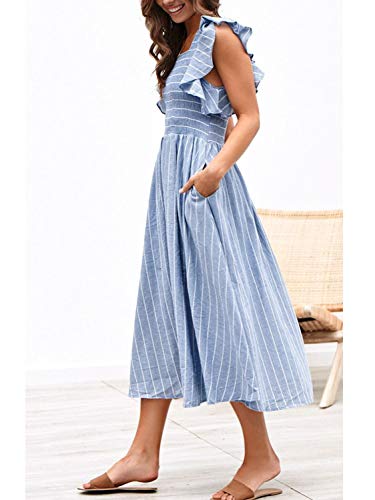 Miessial Womens Summer Dress 2025 Casual Short Sleeve Striped Linen Midi Dresses Boho Beach Wedding Guest Dress with Pockets Blue,S - Image 2
