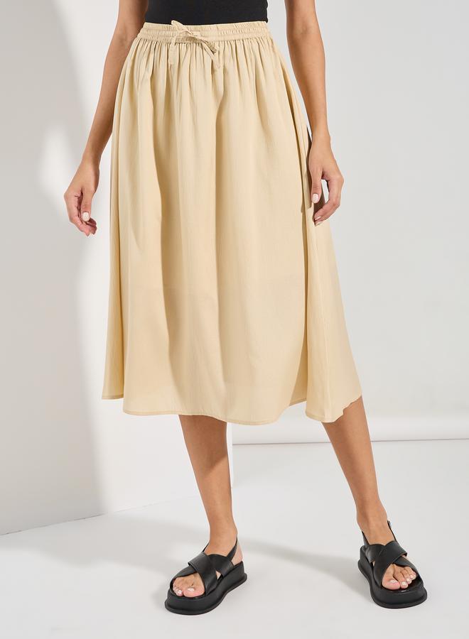 Styli Solid A-Line Midi Skirt with Drawstring  - Image 1