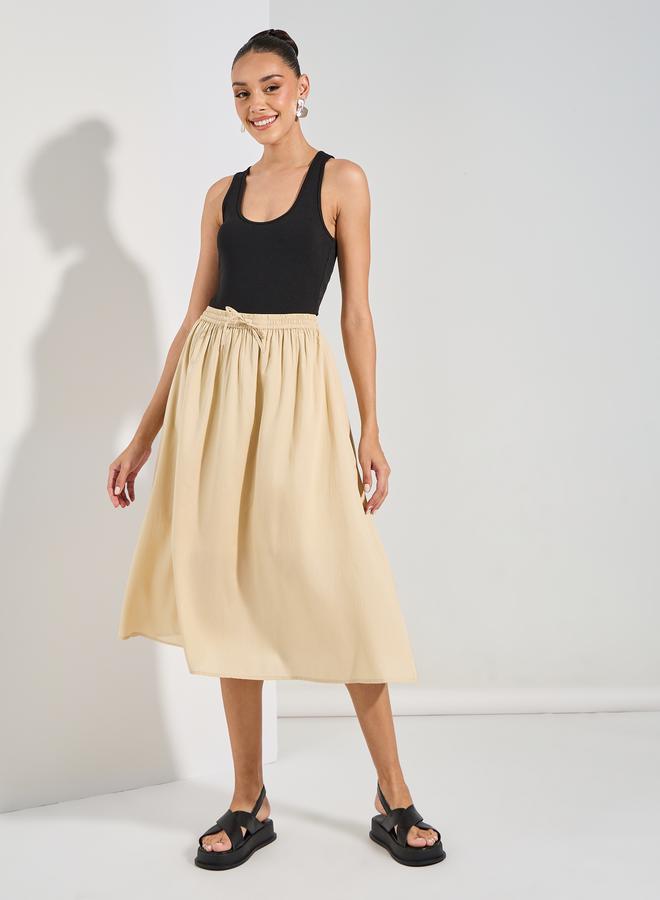 Styli Solid A-Line Midi Skirt with Drawstring  - Image 2