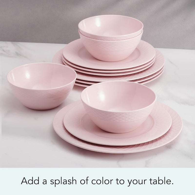 Mikasa Miksa Trellis Pink Bone China Chip Resistant Lightweight 12 Piece Dinnerware Set Service for 4 - Image 4