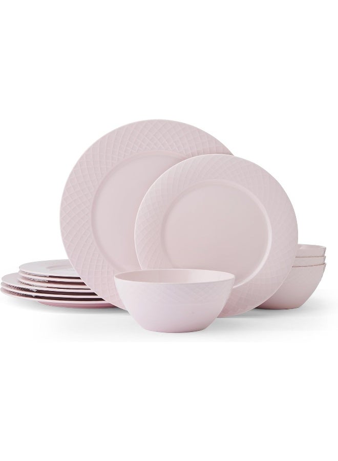 Mikasa Miksa Trellis Pink Bone China Chip Resistant Lightweight 12 Piece Dinnerware Set Service for 4 - Image 1