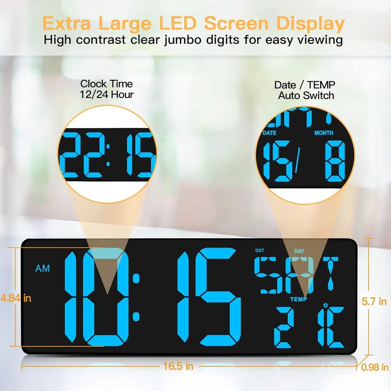XREXS Large Digital Wall Clock with Remote Control, 16.5 Inch LED Large Display Count Up & Down Timer, Adjustable Brightness Alarm Clock with Day/Date/Temperature for Home, Office, Classroom(Ice Blue) - Image 2