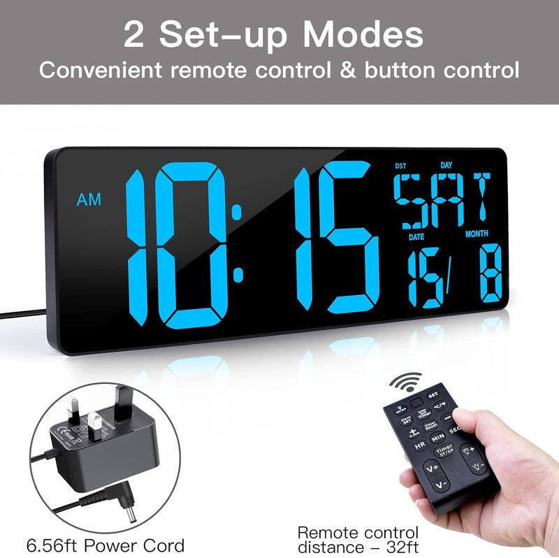 XREXS Large Digital Wall Clock with Remote Control, 16.5 Inch LED Large Display Count Up & Down Timer, Adjustable Brightness Alarm Clock with Day/Date/Temperature for Home, Office, Classroom(Ice Blue) - Image 5