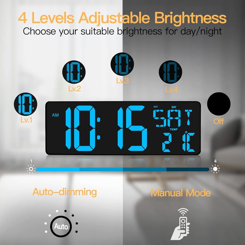 XREXS Large Digital Wall Clock with Remote Control, 16.5 Inch LED Large Display Count Up & Down Timer, Adjustable Brightness Alarm Clock with Day/Date/Temperature for Home, Office, Classroom(Ice Blue) - Image 3