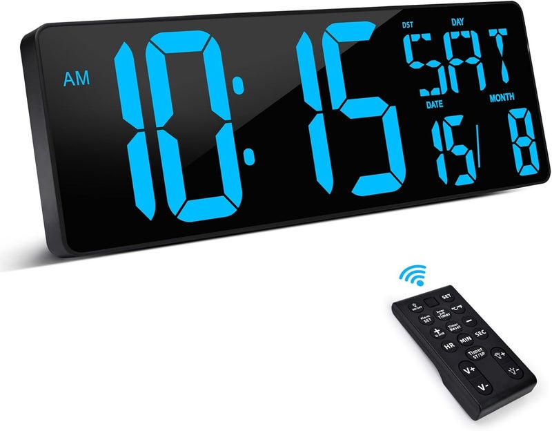 XREXS Large Digital Wall Clock with Remote Control, 16.5 Inch LED Large Display Count Up & Down Timer, Adjustable Brightness Alarm Clock with Day/Date/Temperature for Home, Office, Classroom(Ice Blue) - Image 1