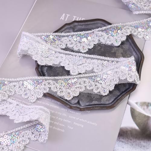 SEWDIYTR Silvery Lace Trim 5 Yards Beaded Lace Ribbon Applique Sequin Lace Mesh Trim for Sewing Crafts 1.6inch - Image 3
