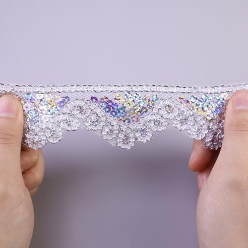 SEWDIYTR Silvery Lace Trim 5 Yards Beaded Lace Ribbon Applique Sequin Lace Mesh Trim for Sewing Crafts 1.6inch - Image 4