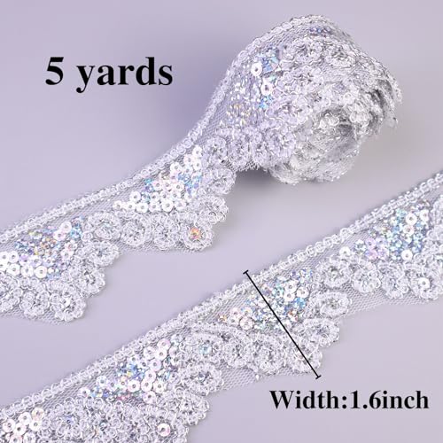 SEWDIYTR Silvery Lace Trim 5 Yards Beaded Lace Ribbon Applique Sequin Lace Mesh Trim for Sewing Crafts 1.6inch - Image 5