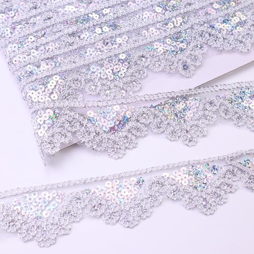 SEWDIYTR Silvery Lace Trim 5 Yards Beaded Lace Ribbon Applique Sequin Lace Mesh Trim for Sewing Crafts 1.6inch - Image 2