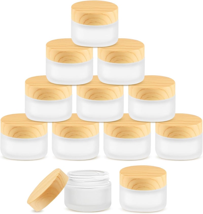 10 PCS 30g/1oz Empty Frosted Glass Cream Jars with Wooden Lid and 4 Spatula,Round Cosmetic Containers,Refillable Makeup Bottles for Lotion,Ointment,Moisturizer,Gel,Mud Mask