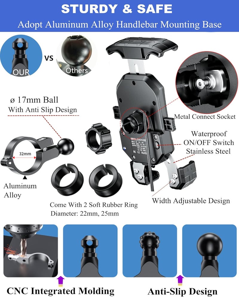 BRCOVAN Motorcycle Phone Mount with USB C & Wireless Charger, One-Hand Operation Motorcycle Phone Holder with Aluminum Alloy Handlebar Mounting Base Fit 4'' - 7'' Cellphones, IP66 Waterproof - Image 5