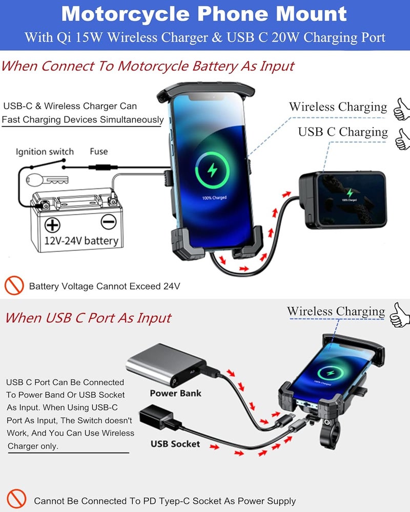 BRCOVAN Motorcycle Phone Mount with USB C & Wireless Charger, One-Hand Operation Motorcycle Phone Holder with Aluminum Alloy Handlebar Mounting Base Fit 4'' - 7'' Cellphones, IP66 Waterproof - Image 2
