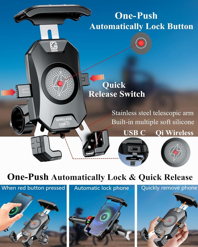 BRCOVAN Motorcycle Phone Mount with USB C & Wireless Charger, One-Hand Operation Motorcycle Phone Holder with Aluminum Alloy Handlebar Mounting Base Fit 4'' - 7'' Cellphones, IP66 Waterproof - Image 3